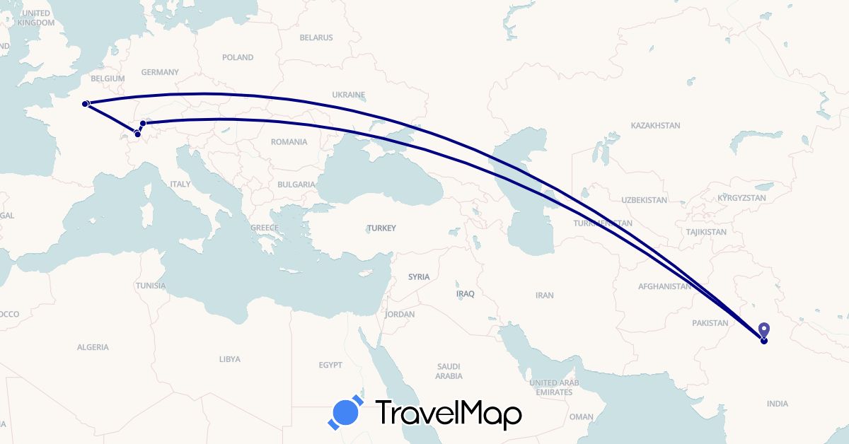 TravelMap itinerary: driving in Switzerland, France, India (Asia, Europe)